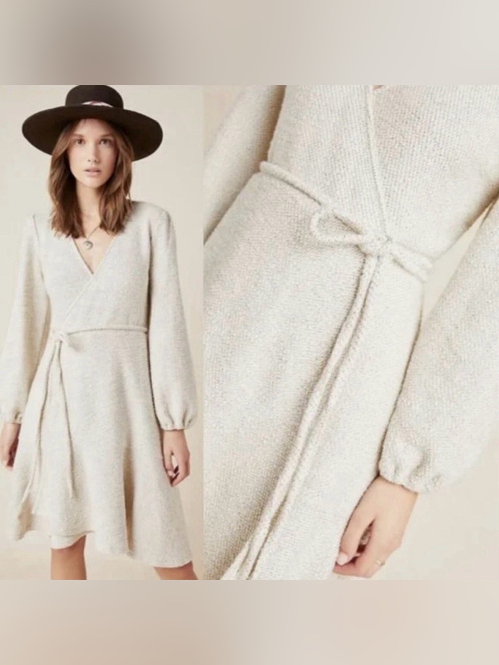 Anthropologie Diana Knit Gray/Ivory Wrap Dress Knee Length XL